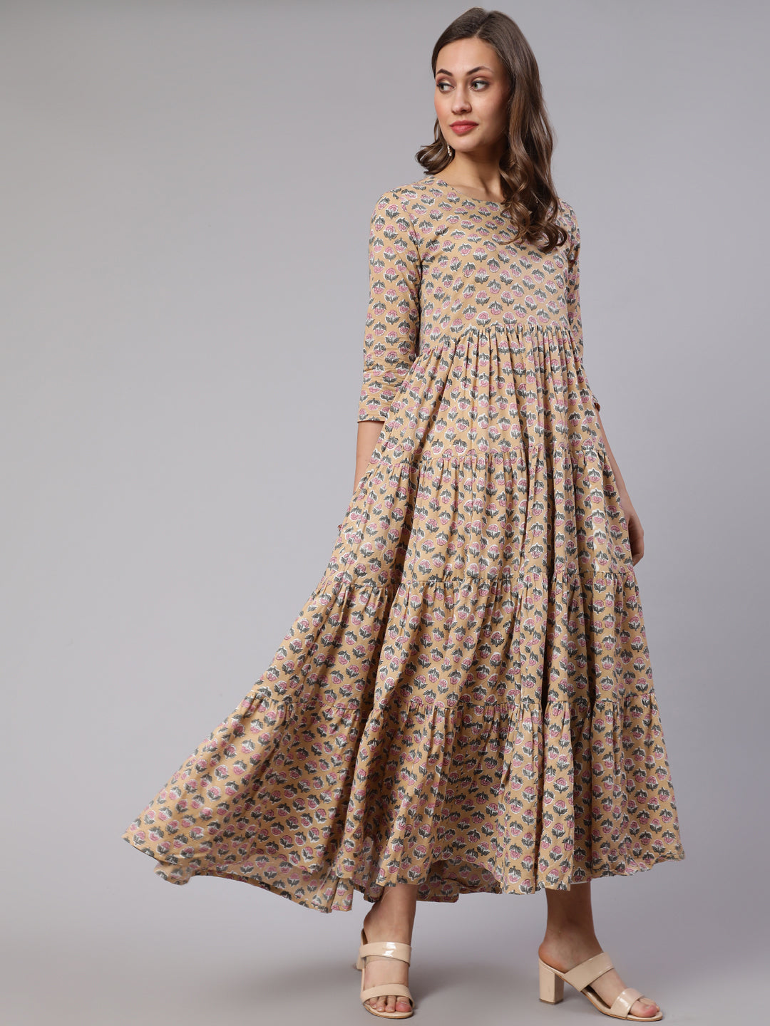 Cotton Printed Round Neck 3/4 Sleeve Flared  Kurta