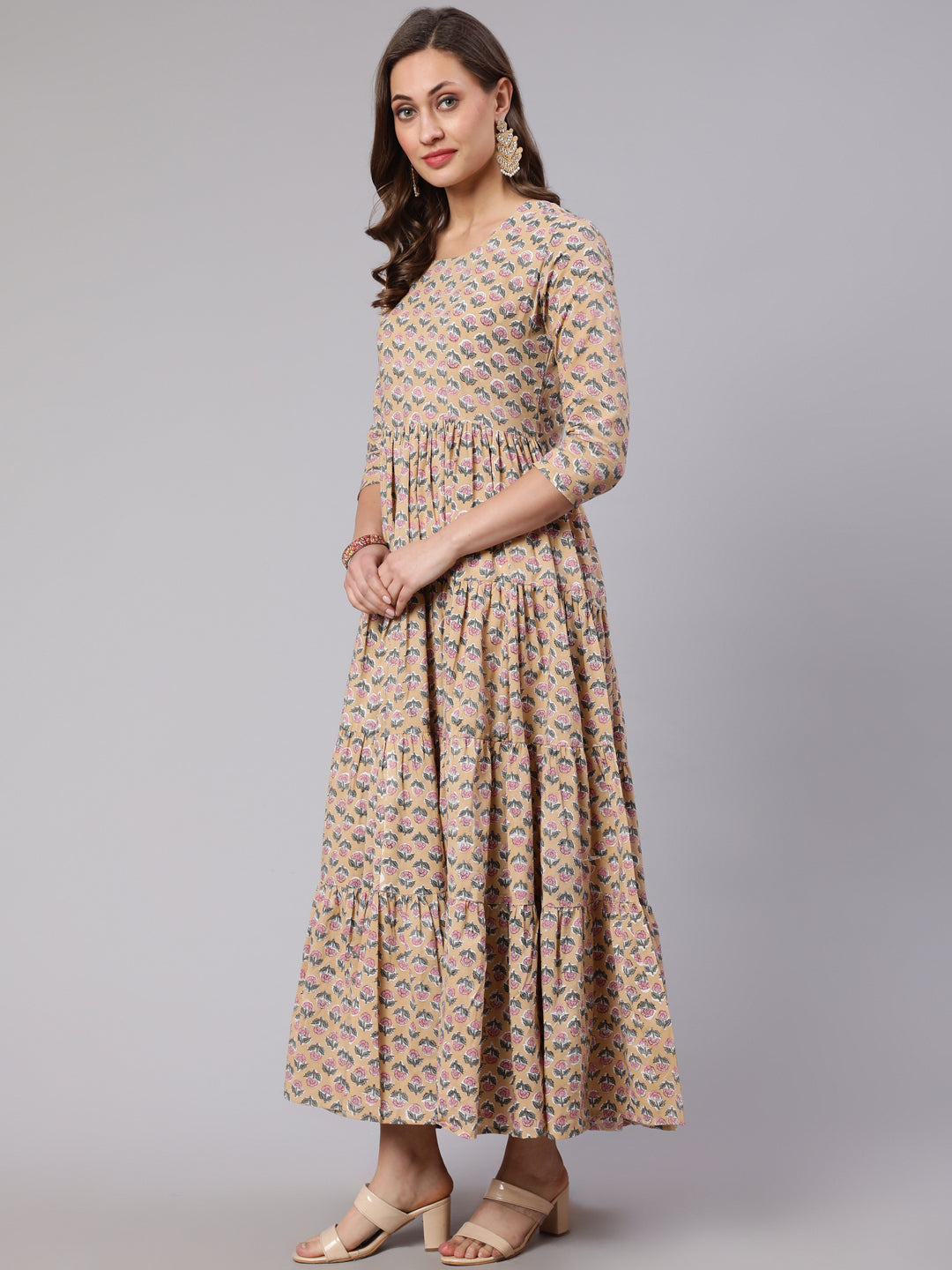 Cotton Printed Round Neck 3/4 Sleeve Flared  Kurta