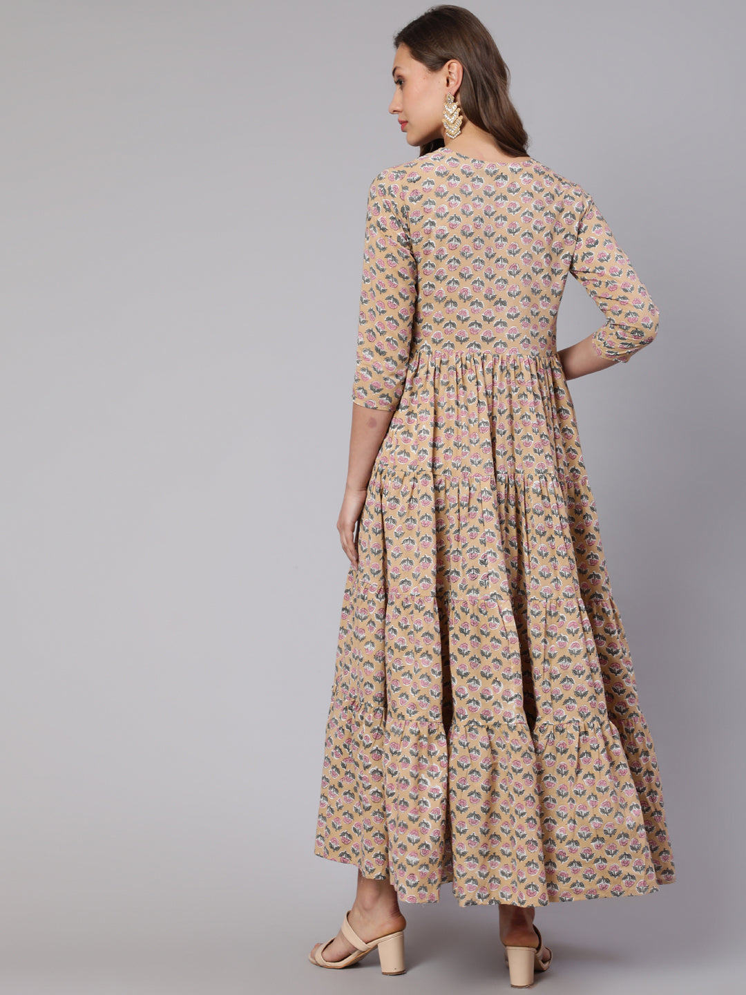 Cotton Printed Round Neck 3/4 Sleeve Flared  Kurta