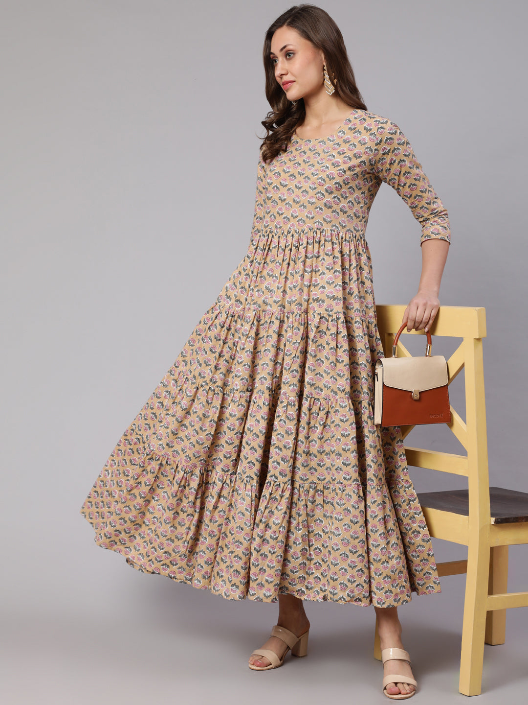 Cotton Printed Round Neck 3/4 Sleeve Flared  Kurta