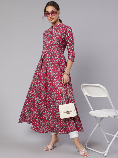 Cotton Printed Mandarin Neck 3/4 Sleeve Flared Kurta