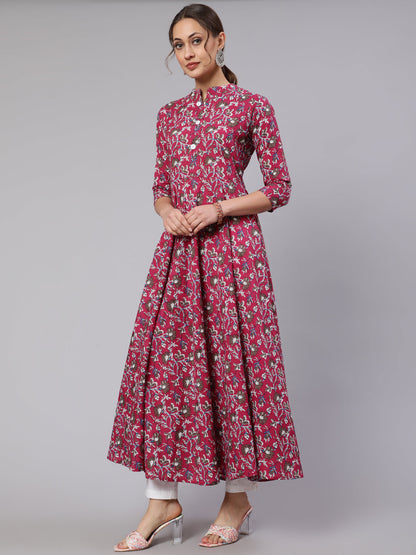 Cotton Printed Mandarin Neck 3/4 Sleeve Flared Kurta