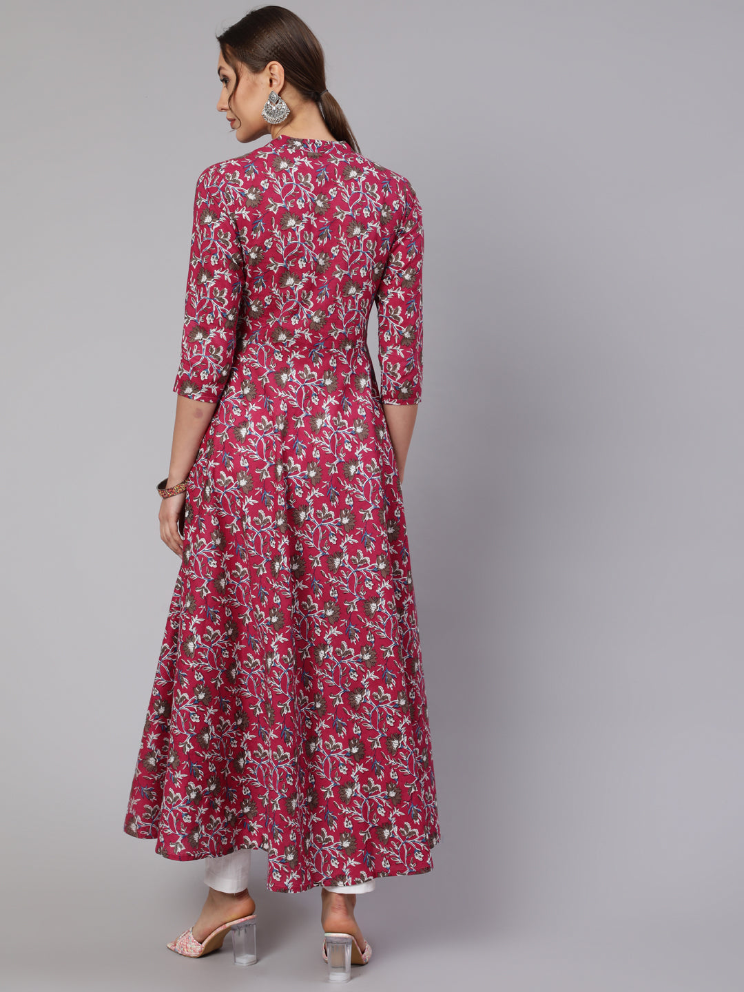 Cotton Printed Mandarin Neck 3/4 Sleeve Flared Kurta