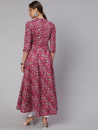 Cotton Printed Mandarin Neck 3/4 Sleeve Flared Kurta