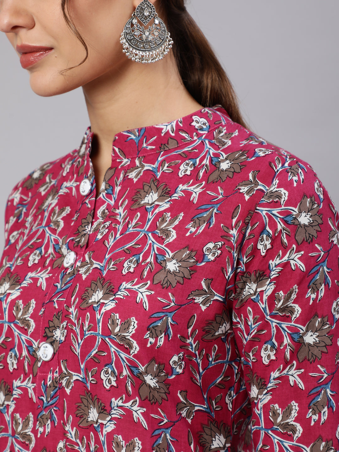 Cotton Printed Mandarin Neck 3/4 Sleeve Flared Kurta