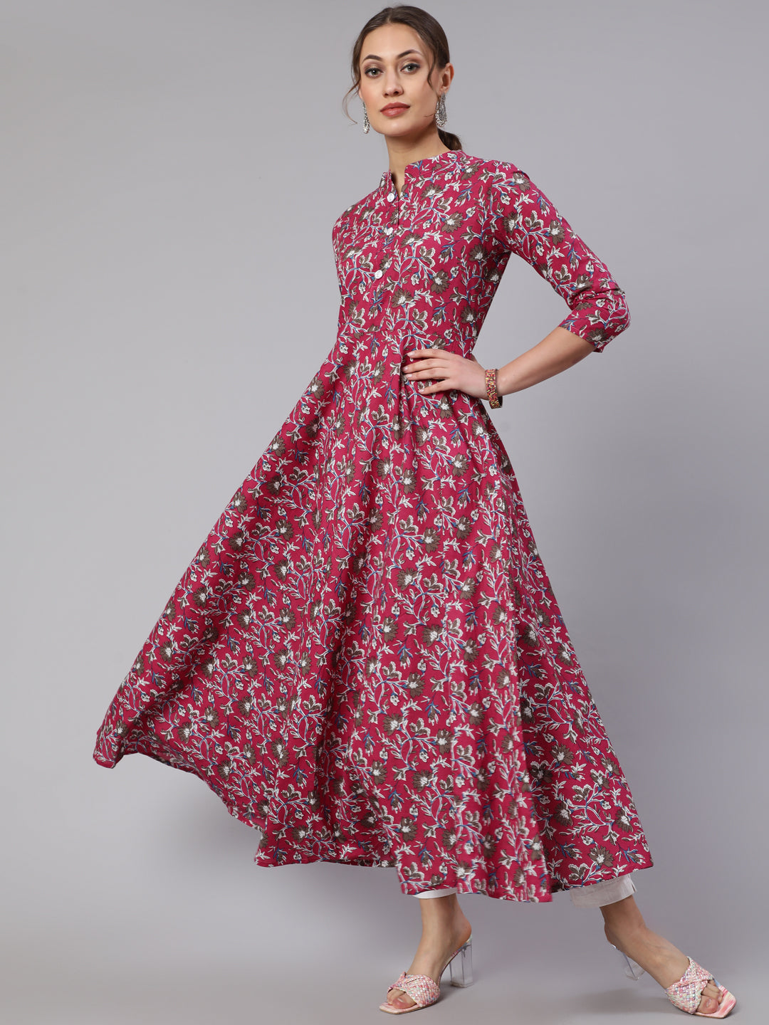 Cotton Printed Mandarin Neck 3/4 Sleeve Flared Kurta