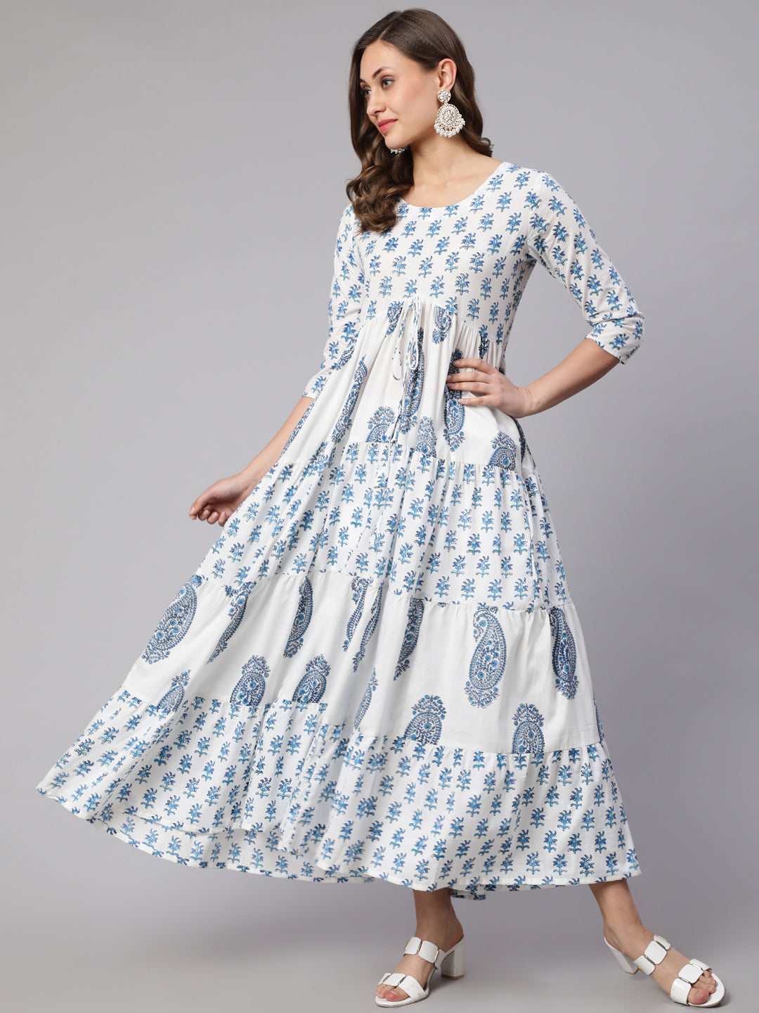 Rayon Printed Round Neck 3/4 Sleeve Flared Ankle Length Ethnic Kurta