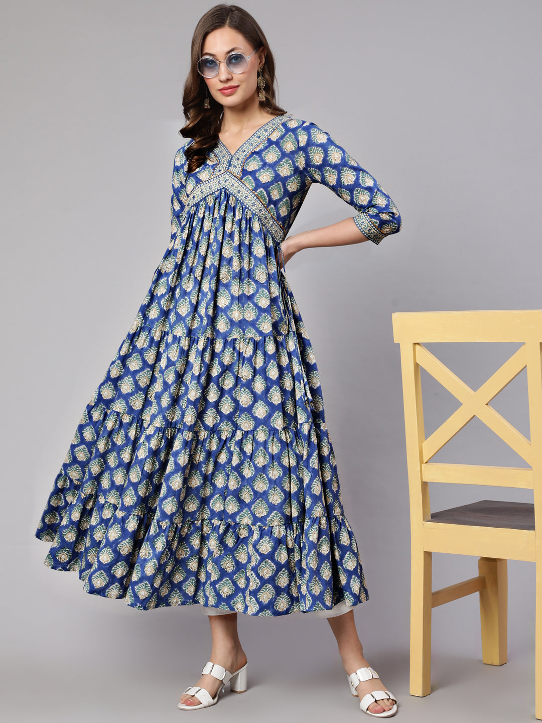 Cotton Printed V Neck 3/4 Sleeve Flared Ankle Length Ethnic Kurta