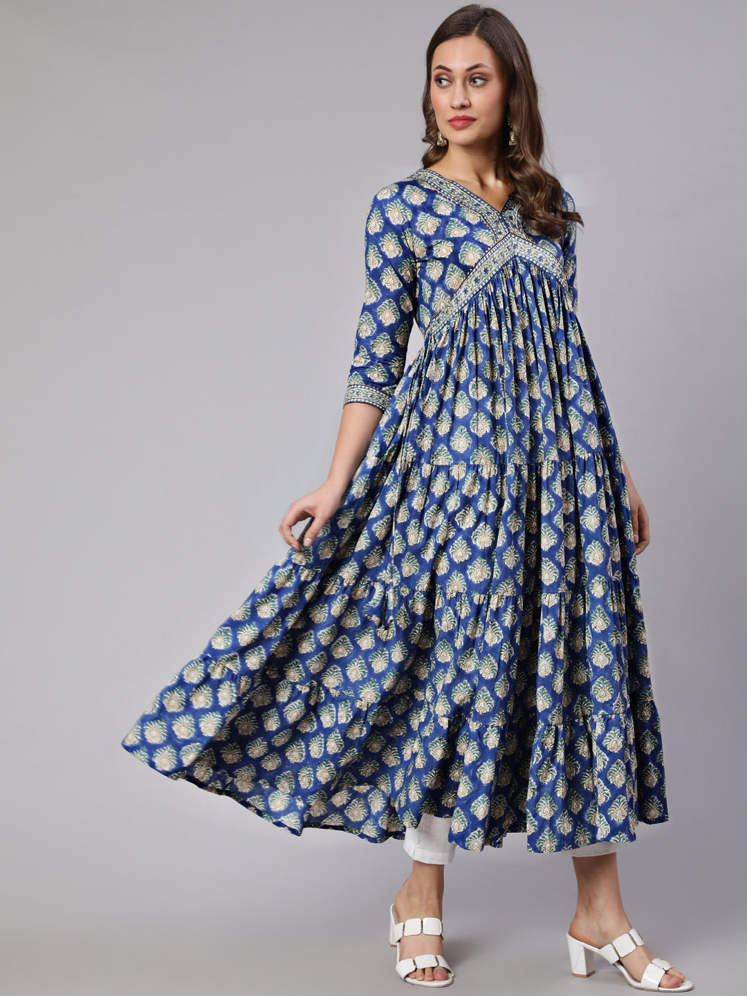 Cotton Printed V Neck 3/4 Sleeve Flared Ankle Length Ethnic Kurta