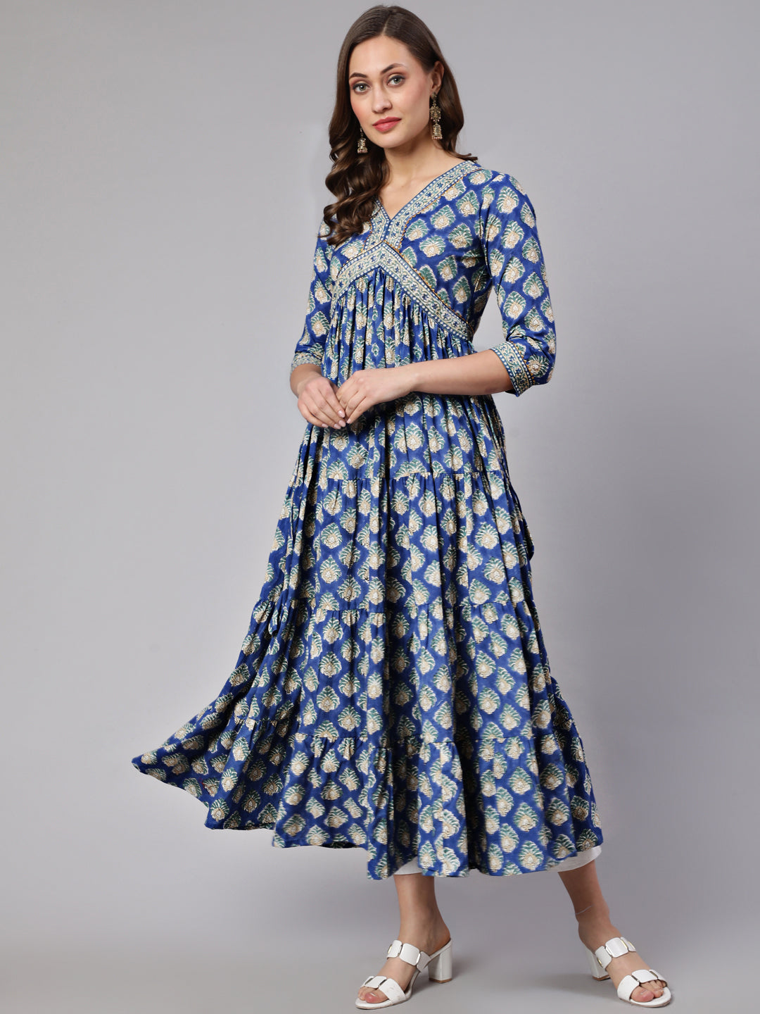 Cotton Printed V Neck 3/4 Sleeve Flared Ankle Length Ethnic Kurta