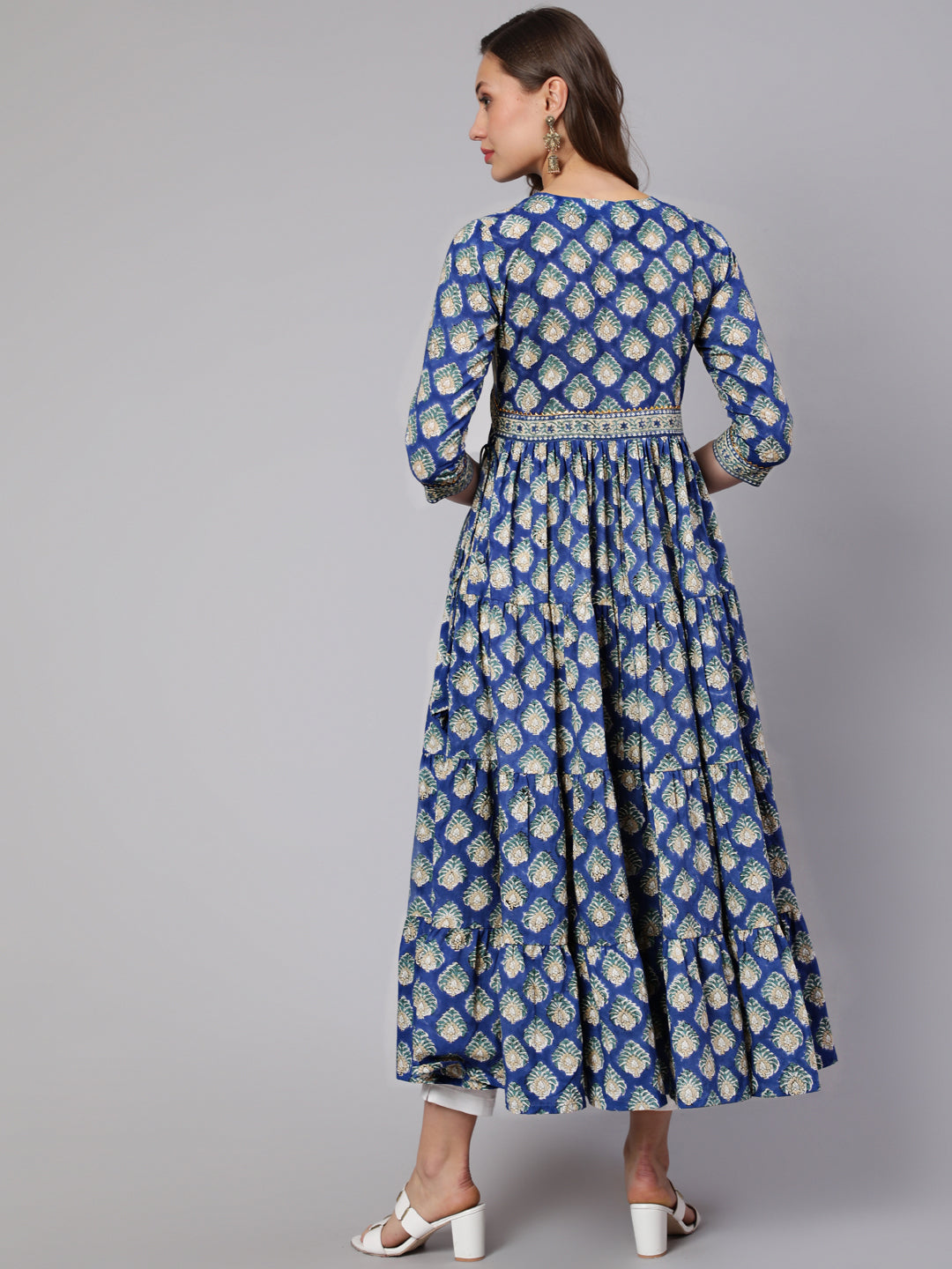Cotton Printed V Neck 3/4 Sleeve Flared Ankle Length Ethnic Kurta