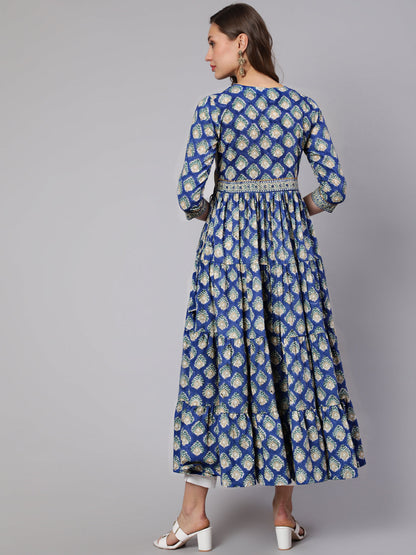 Cotton Printed V Neck 3/4 Sleeve Flared Ankle Length Ethnic Kurta