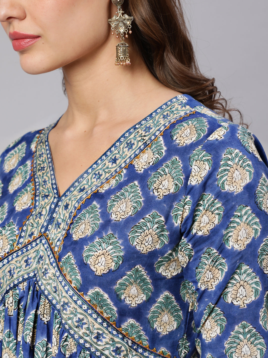 Cotton Printed V Neck 3/4 Sleeve Flared Ankle Length Ethnic Kurta