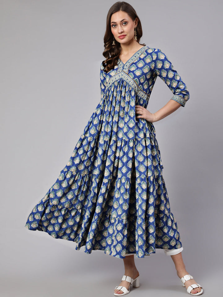 Cotton Printed V Neck 3/4 Sleeve Flared Ankle Length Ethnic Kurta