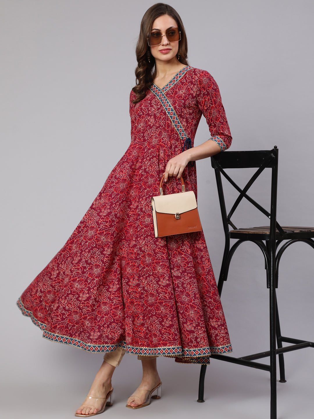 Cotton Printed V Neck 3/4 Sleeve Flared Kurta