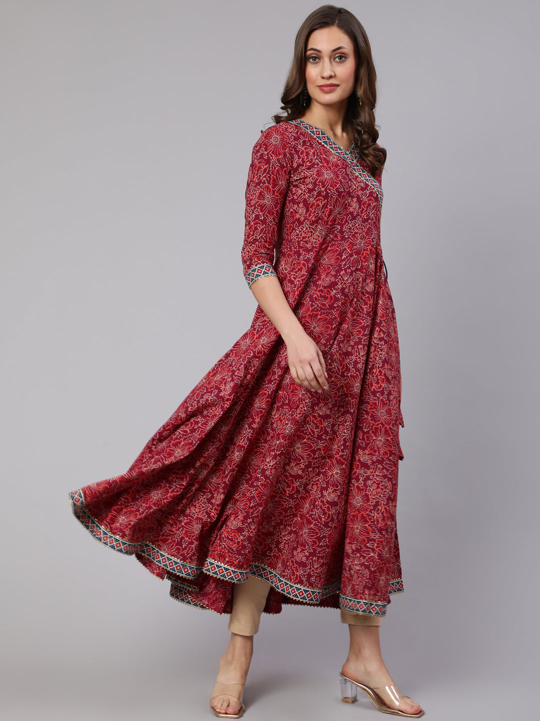 Cotton Printed V Neck 3/4 Sleeve Flared Kurta