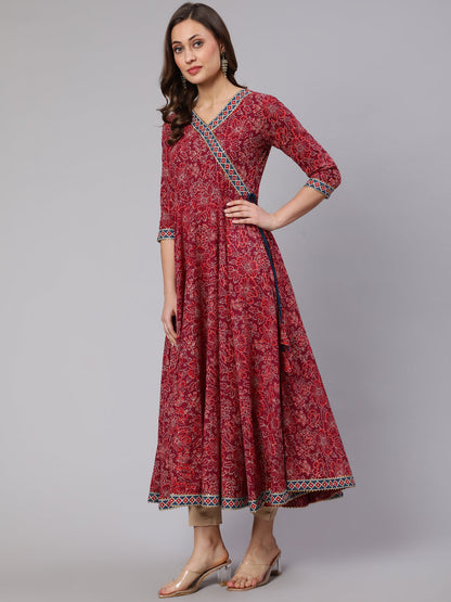 Cotton Printed V Neck 3/4 Sleeve Flared Kurta