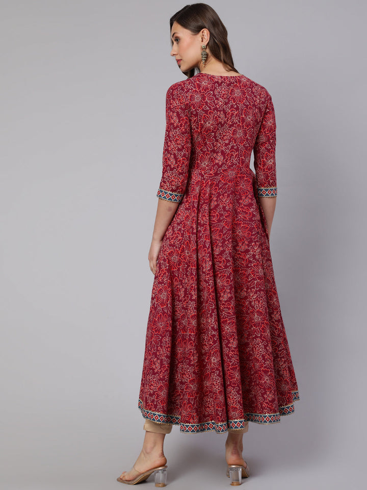 Cotton Printed V Neck 3/4 Sleeve Flared Kurta