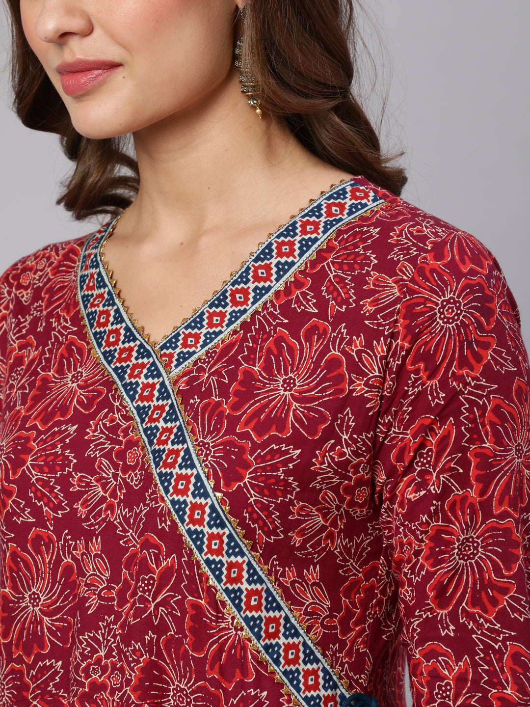 Cotton Printed V Neck 3/4 Sleeve Flared Kurta