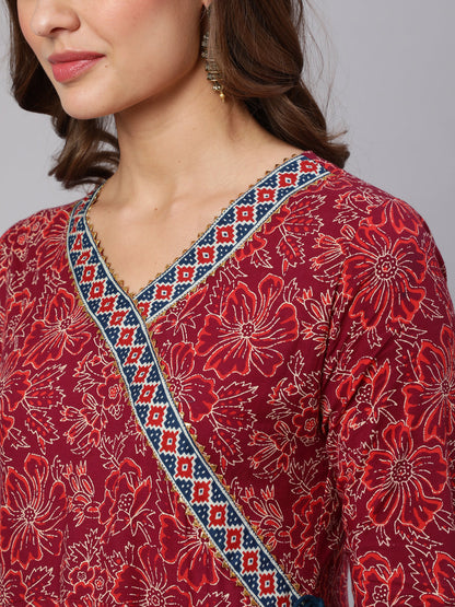 Cotton Printed V Neck 3/4 Sleeve Flared Kurta