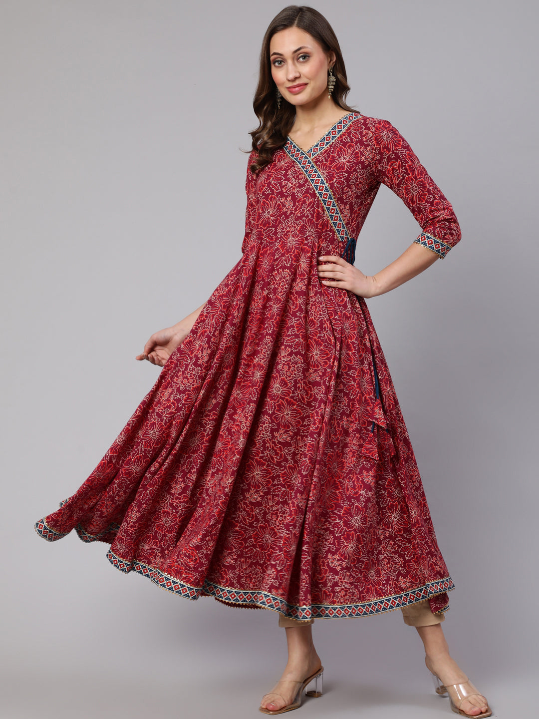 Cotton Printed V Neck 3/4 Sleeve Flared Kurta