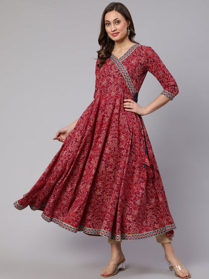 Cotton Printed V Neck 3/4 Sleeve Flared Kurta