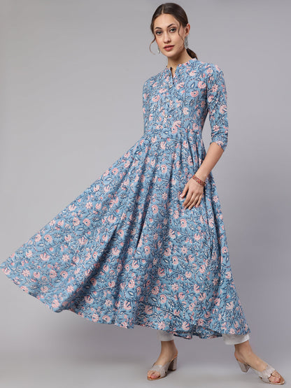Cotton Printed Mandarin Neck 3/4 Sleeve Flared Kurta