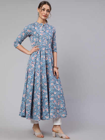 Cotton Printed Mandarin Neck 3/4 Sleeve Flared Kurta