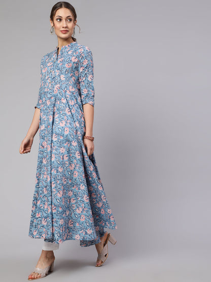 Cotton Printed Mandarin Neck 3/4 Sleeve Flared Kurta