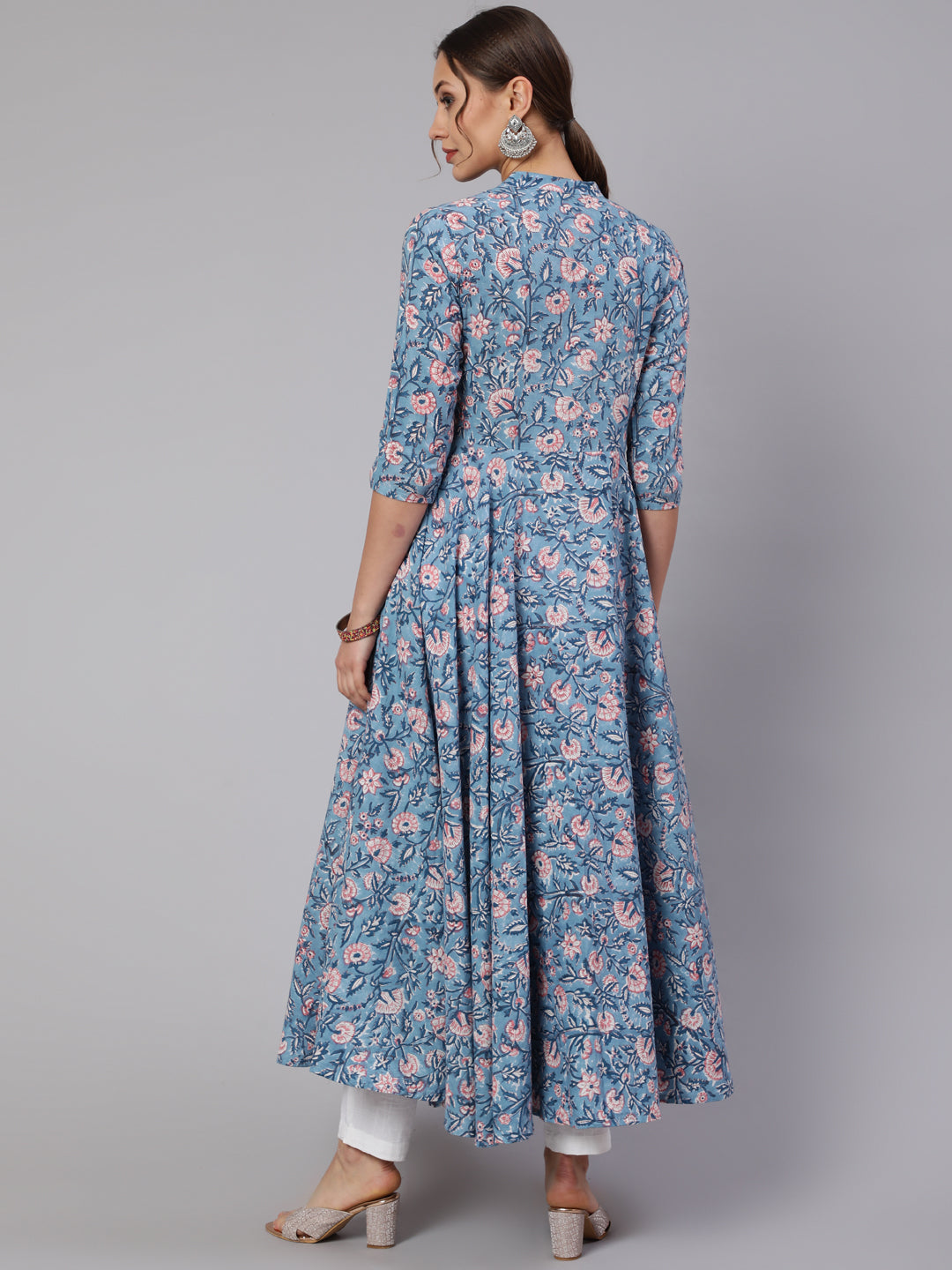 Cotton Printed Mandarin Neck 3/4 Sleeve Flared Kurta