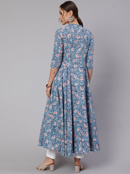 Cotton Printed Mandarin Neck 3/4 Sleeve Flared Kurta