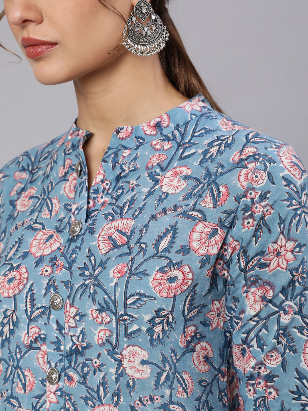 Cotton Printed Mandarin Neck 3/4 Sleeve Flared Kurta