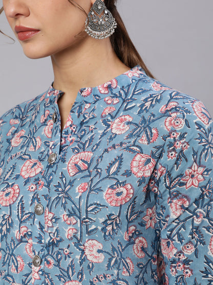 Cotton Printed Mandarin Neck 3/4 Sleeve Flared Kurta