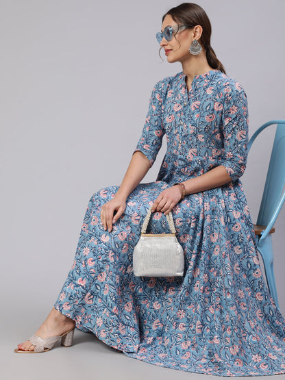 Cotton Printed Mandarin Neck 3/4 Sleeve Flared Kurta