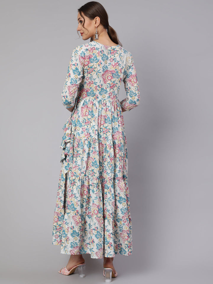 Cotton Printed V Neck 3/4 Sleeve Flared Kurta