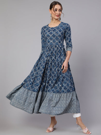 Cotton Printed V Neck 3/4 Sleeve Flared Kurta