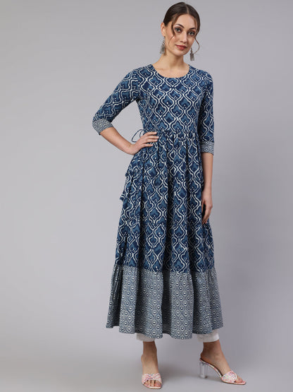 Cotton Printed V Neck 3/4 Sleeve Flared Kurta