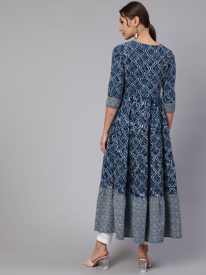Cotton Printed V Neck 3/4 Sleeve Flared Kurta