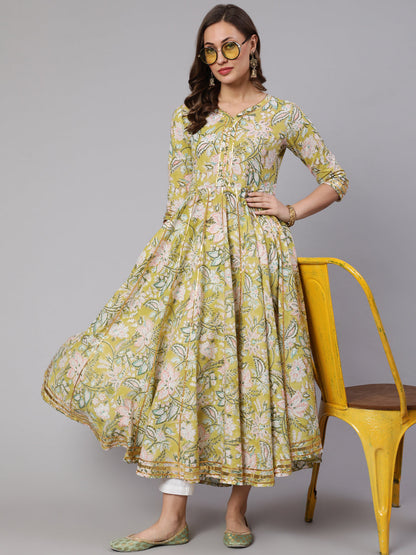 Cotton Printed V Neck 3/4 Sleeve Flared Kurta