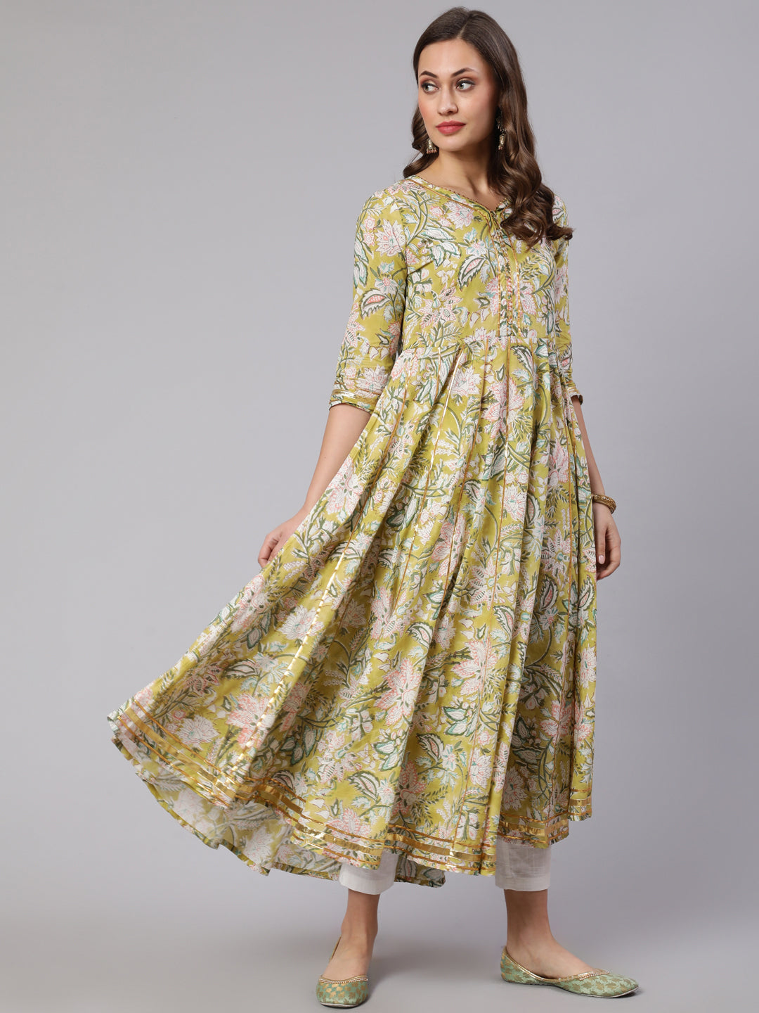 Cotton Printed V Neck 3/4 Sleeve Flared Kurta