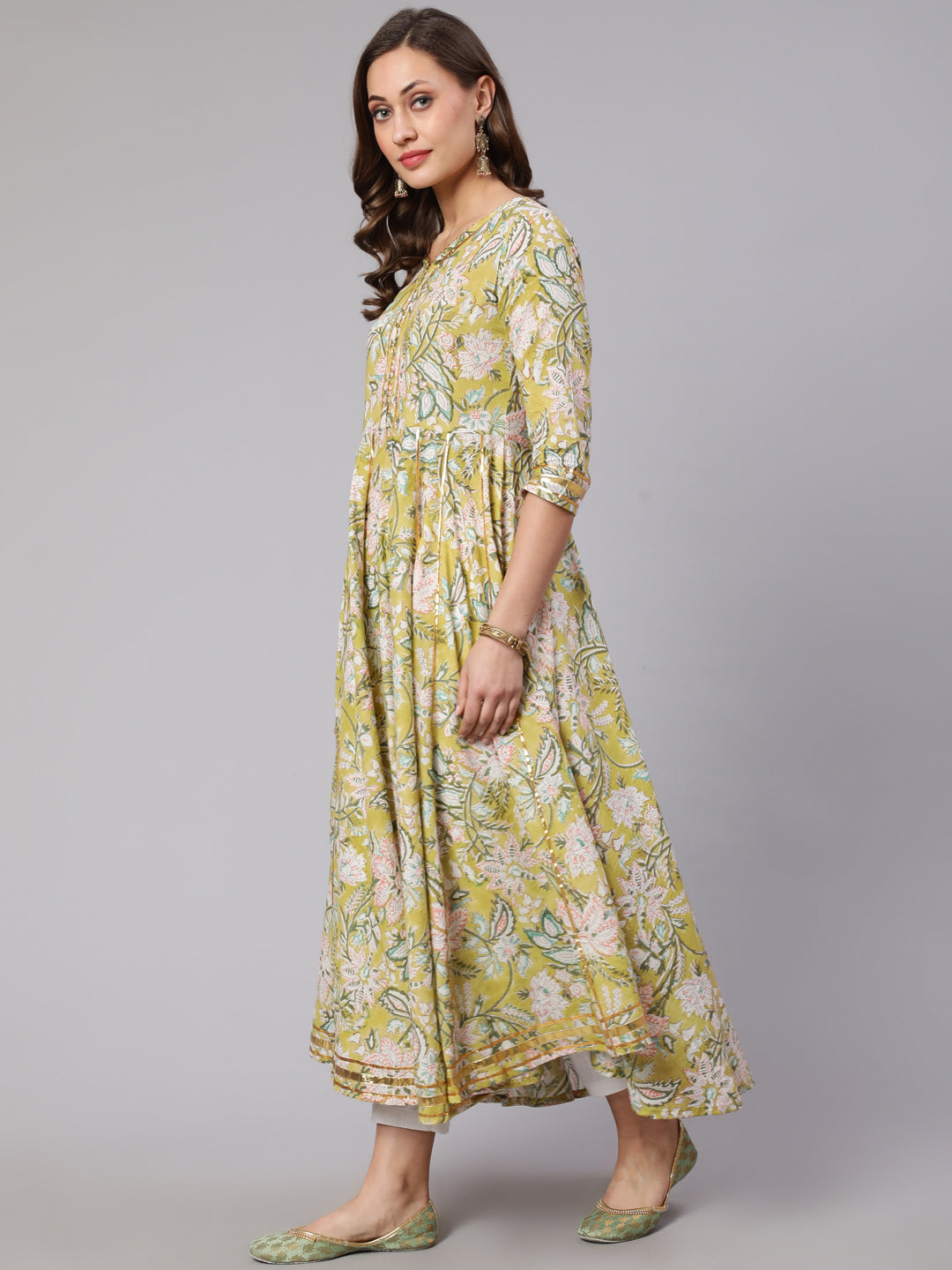 Cotton Printed V Neck 3/4 Sleeve Flared Kurta