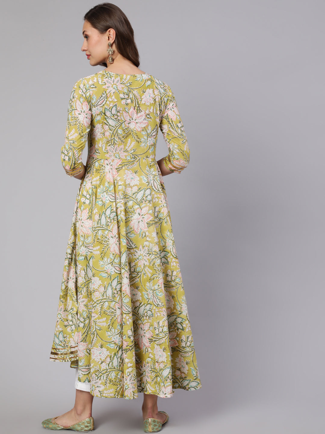 Cotton Printed V Neck 3/4 Sleeve Flared Kurta