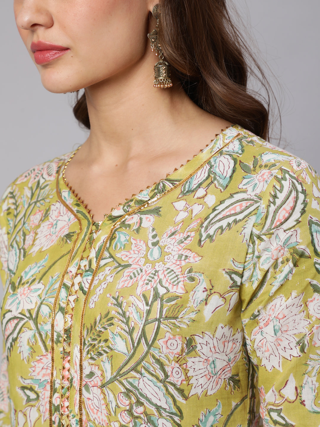 Cotton Printed V Neck 3/4 Sleeve Flared Kurta