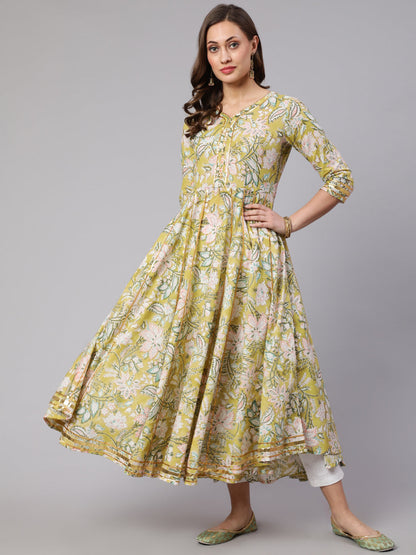 Cotton Printed V Neck 3/4 Sleeve Flared Kurta