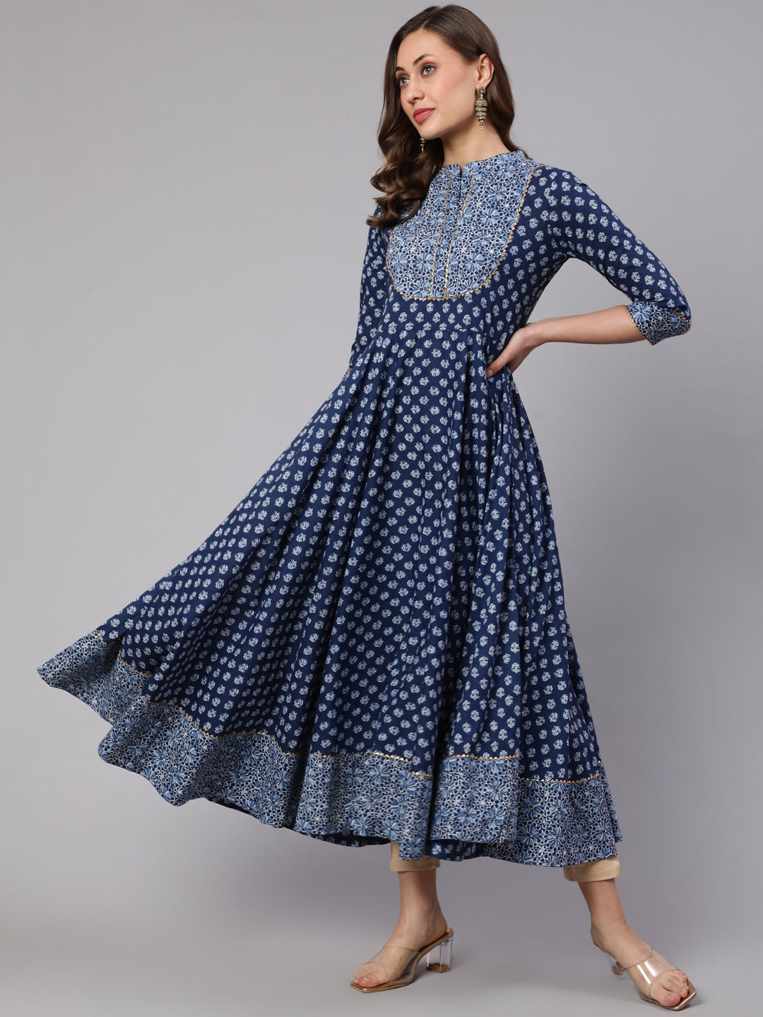 Cotton Printed Mandarin Neck 3/4 Sleeve Flared Kurta