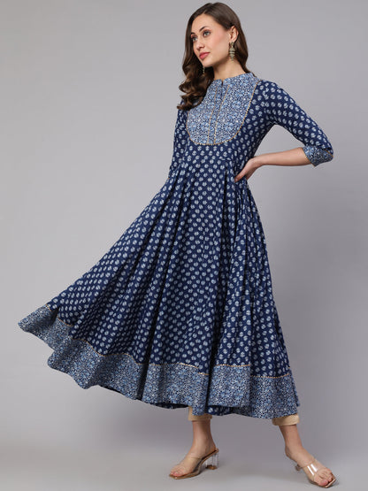 Cotton Printed Mandarin Neck 3/4 Sleeve Flared Kurta