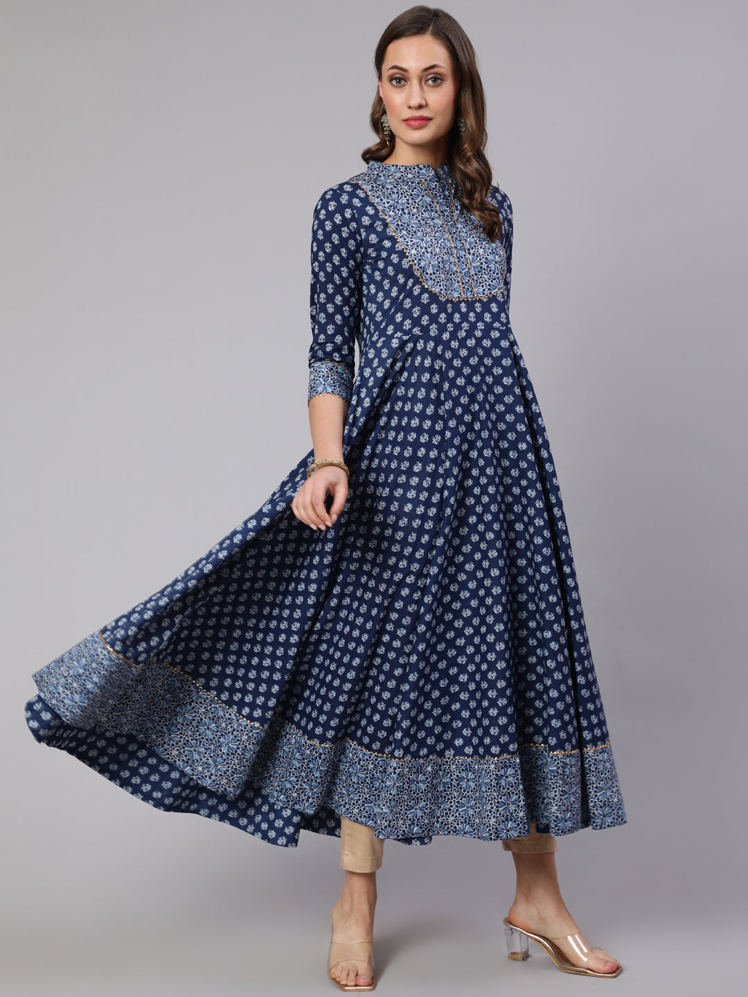 Cotton Printed Mandarin Neck 3/4 Sleeve Flared Kurta