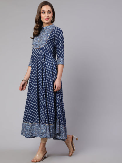 Cotton Printed Mandarin Neck 3/4 Sleeve Flared Kurta