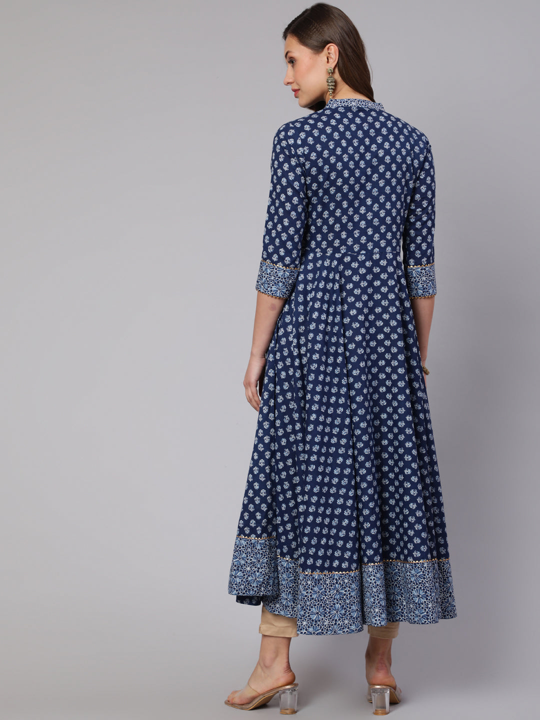 Cotton Printed Mandarin Neck 3/4 Sleeve Flared Kurta