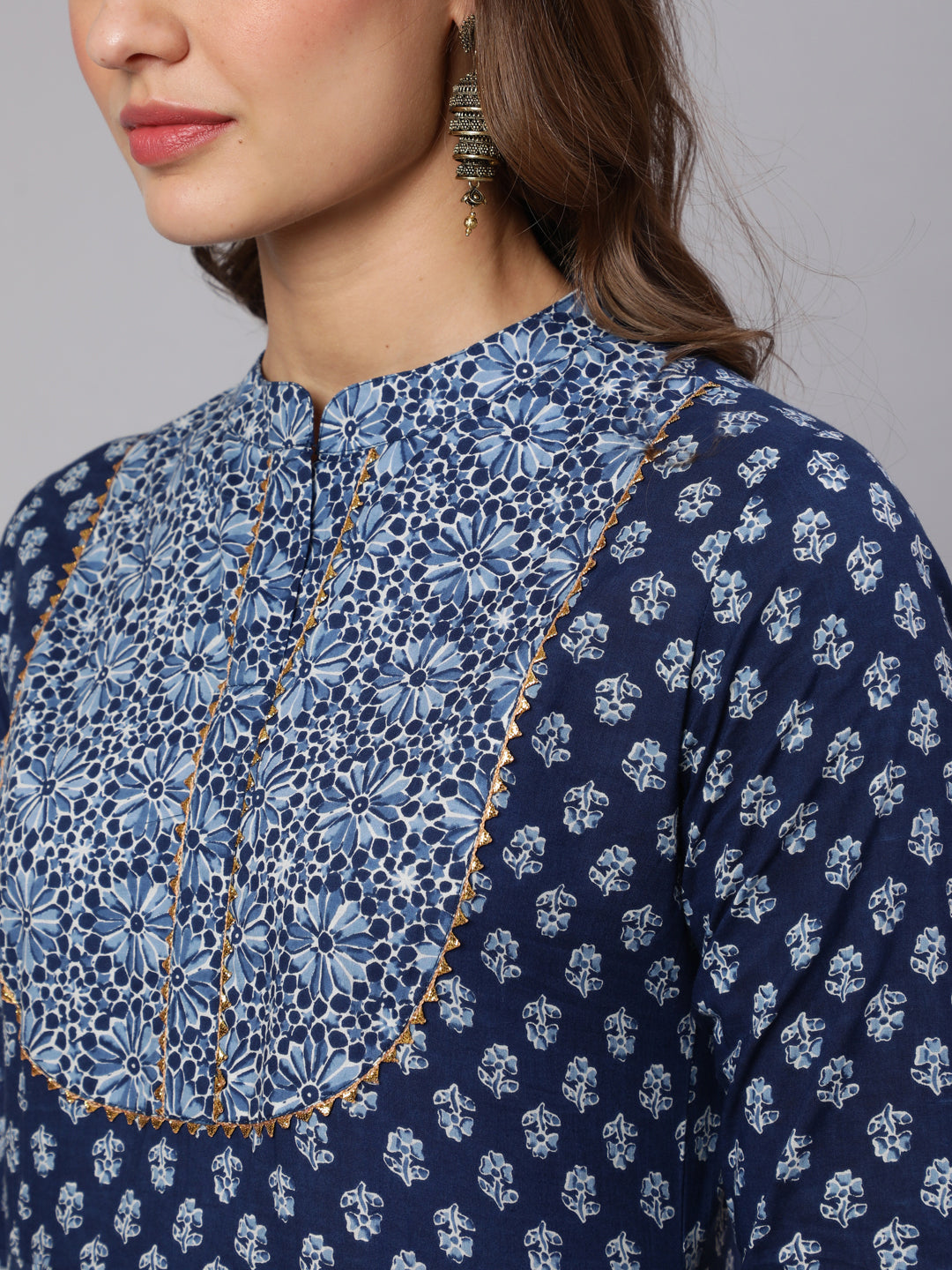 Cotton Printed Mandarin Neck 3/4 Sleeve Flared Kurta